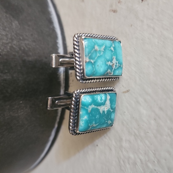 Rare NWOT Native American Handmade Whitewater Turquoise Men's Cufflinks 💙🖤🎁 - Picture 7 of 11